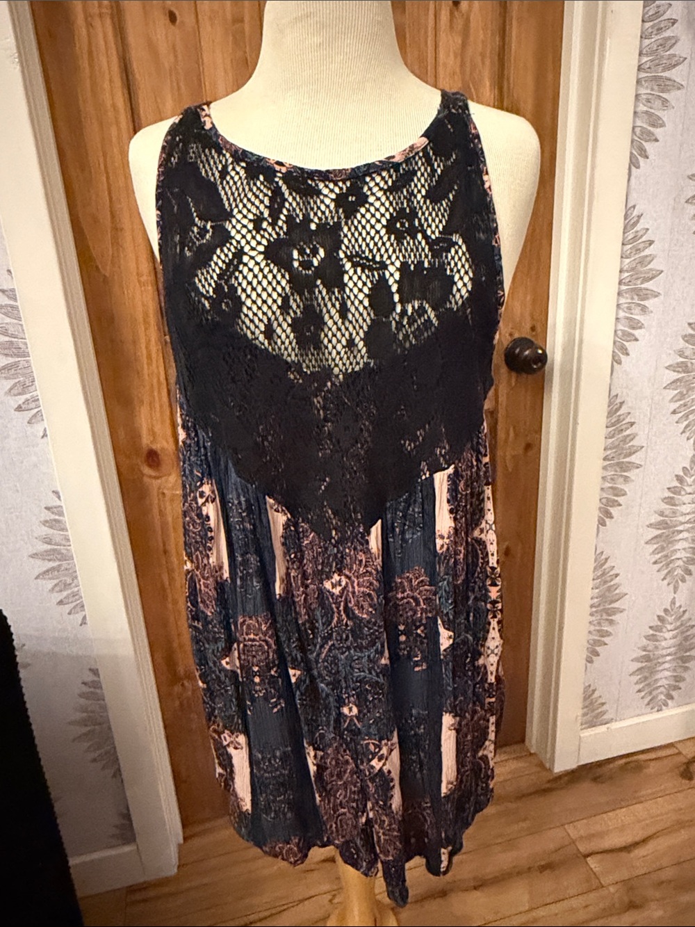 FP Boho Lace-Front Sleeveless Tunic/Dress in Black Blue & Blush